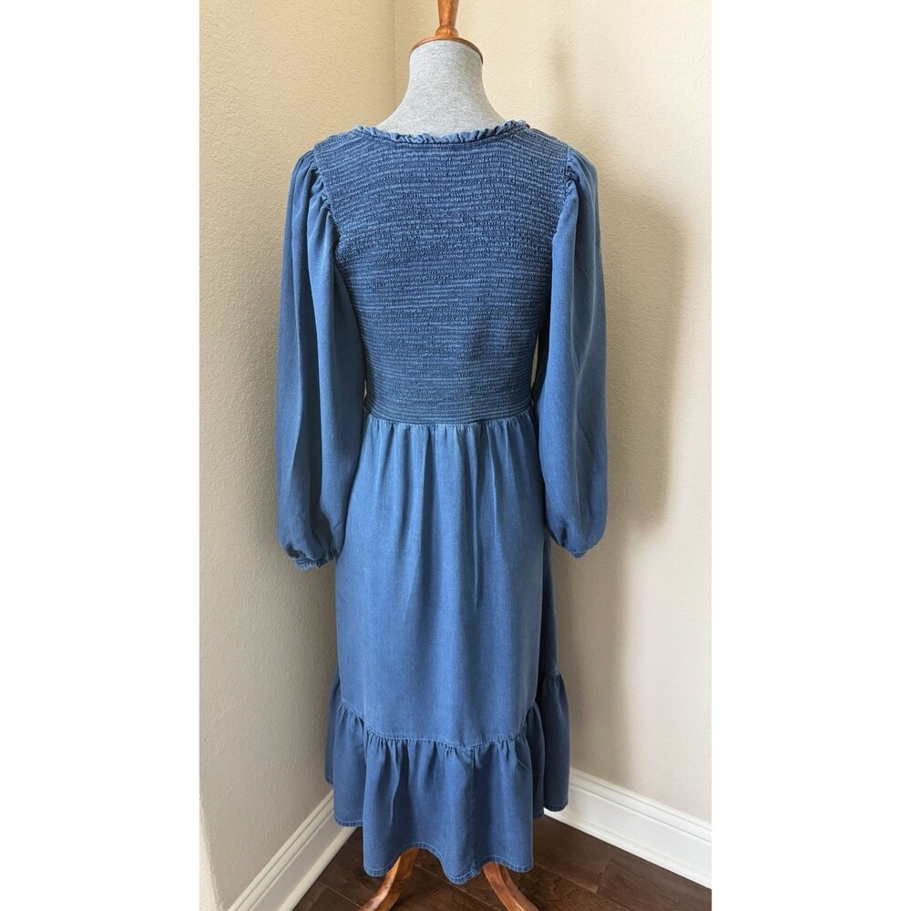 Old Navy Women's Dark Wash Blue V-Neck Smocked Bodice Long Sleeve Midi Dress - Picture 4 of 10